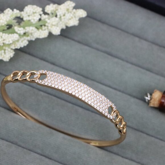 Rose Gold Chain Link Bangle with Sparkling Stone-Encrusted Plate, XPBL0556 - Picture 11 of 12